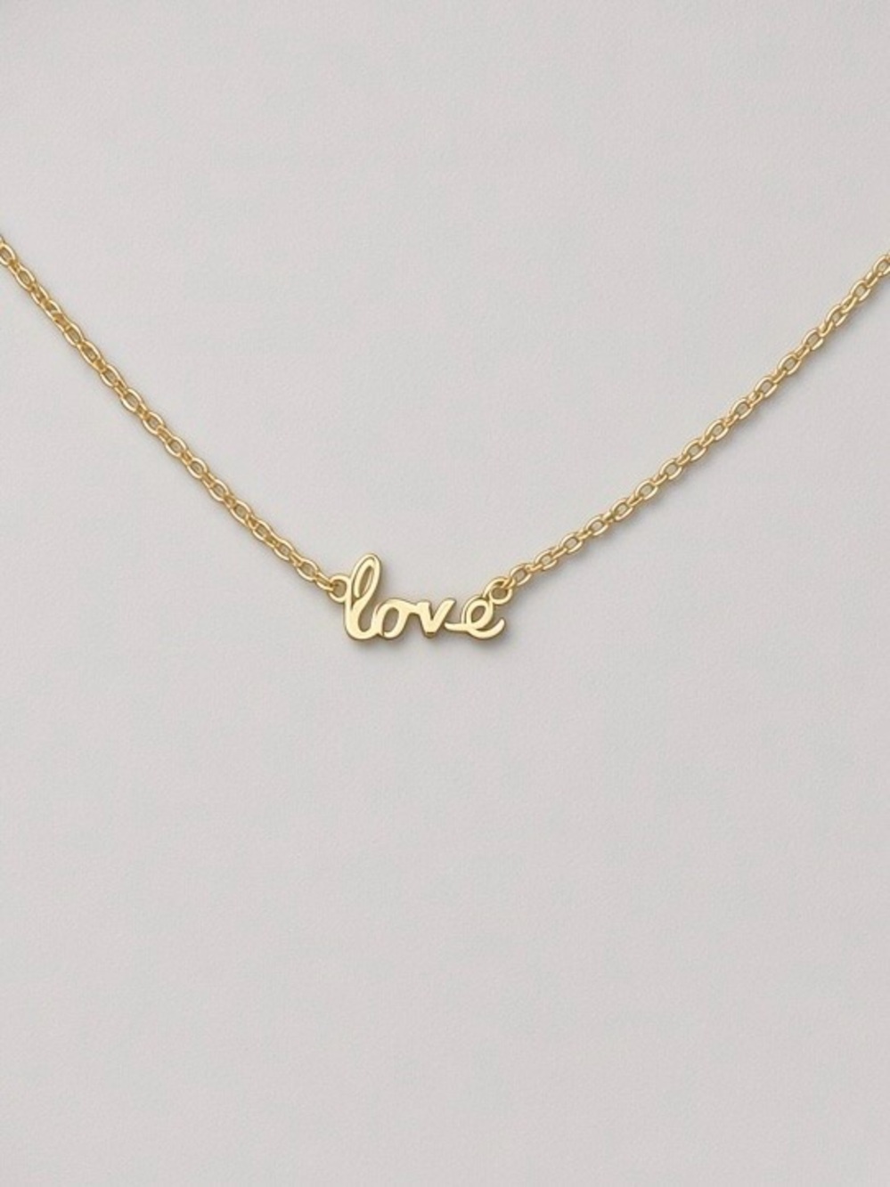 Gold Tone Love Script Necklace, 16” Chain + 2” Extender